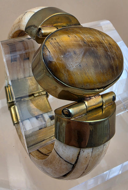 Antiqued White Water Buffalo Bone/Tigers Eye 7" Cuff Bracelet