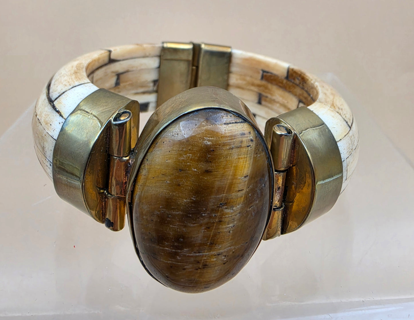 Antiqued White Water Buffalo Bone/Tigers Eye 7" Cuff Bracelet