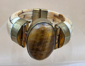 Antiqued White Water Buffalo Bone/Tigers Eye 7" Cuff Bracelet