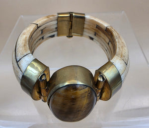 Antiqued White Water Buffalo Bone/Tigers Eye 7" Cuff Bracelet