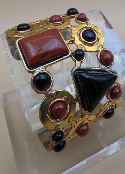 BOUGAINVILLEA Coral/Black Onyx/Gold White Based Metal 7" Cuff Bracelet