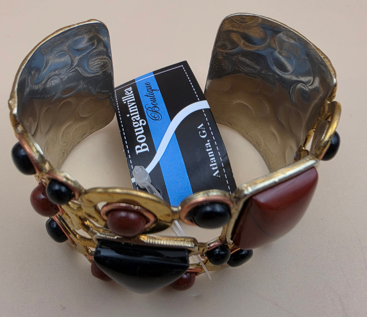 Red Coral/Onyx/Gold White Based Metal 7" Cuff Bracelet