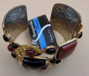 Red Coral/Onyx/Gold White Based Metal 7" Cuff Bracelet