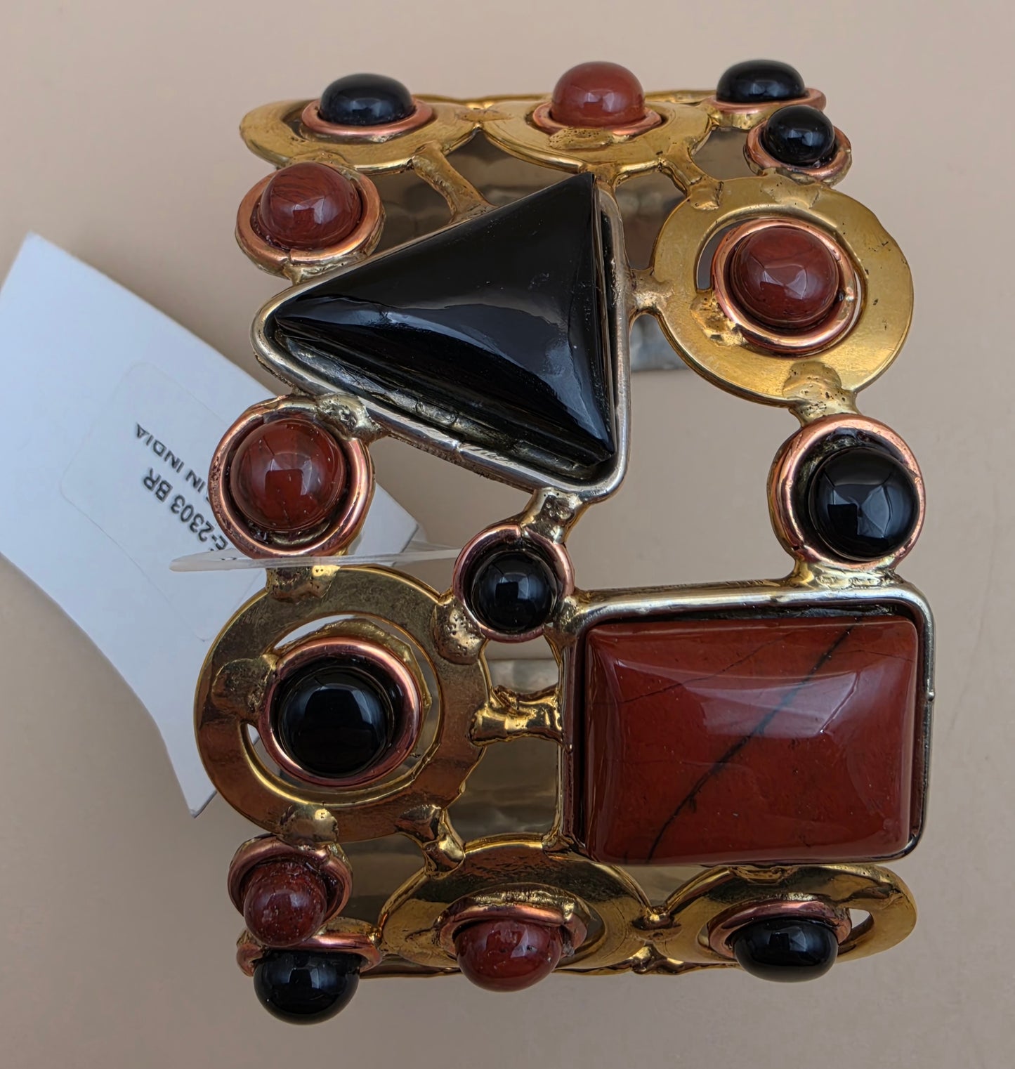 Red Coral/Onyx/Gold White Based Metal 7" Cuff Bracelet