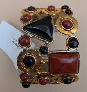 Red Coral/Onyx/Gold White Based Metal 7" Cuff Bracelet