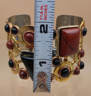 Red Coral/Onyx/Gold White Based Metal 7" Cuff Bracelet