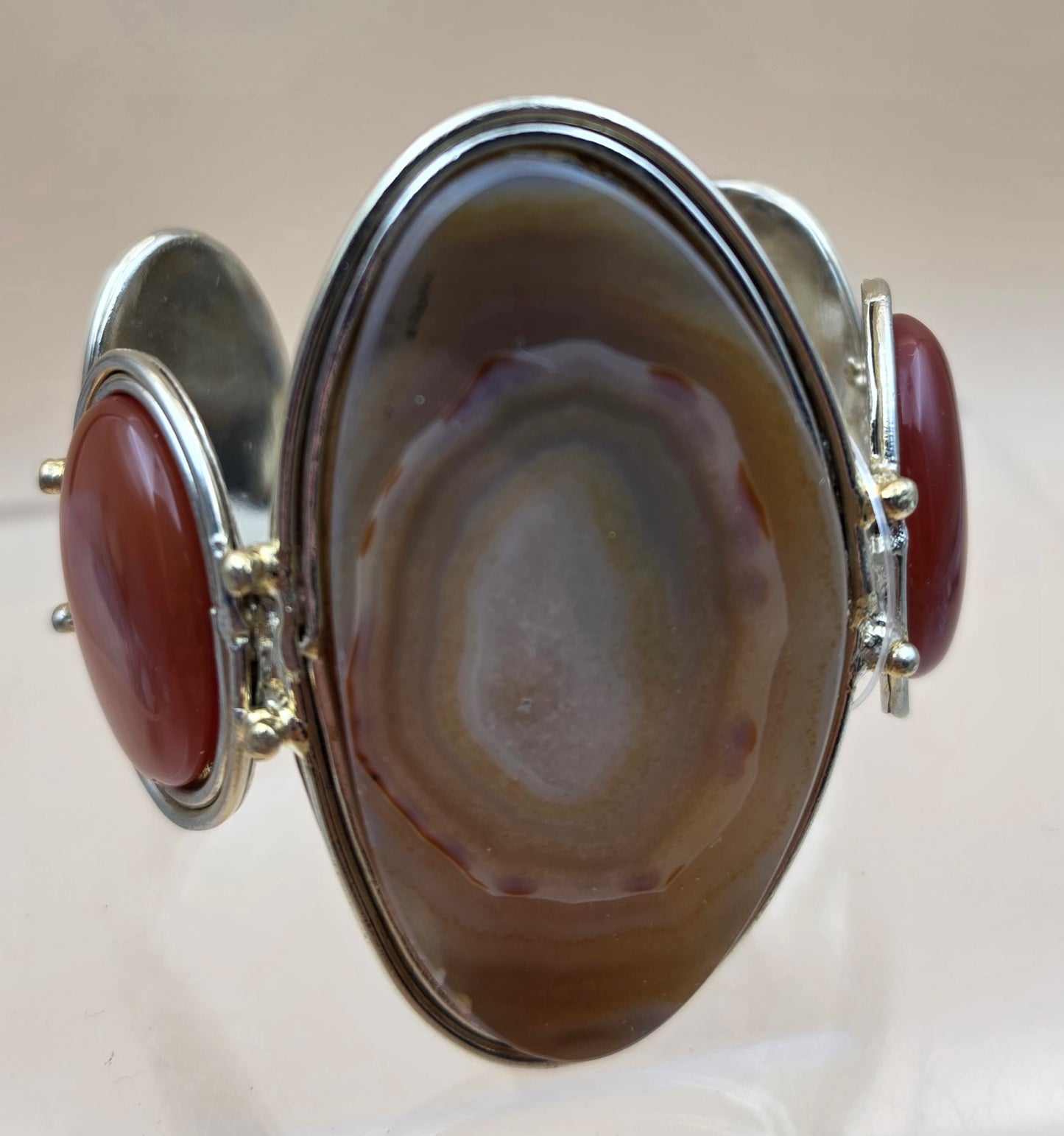Brown Brazilian Agate/Coral/White Metal 7" Cuff Bracelet