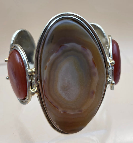 Brown Brazilian Agate/Coral/White Metal 7" Cuff Bracelet