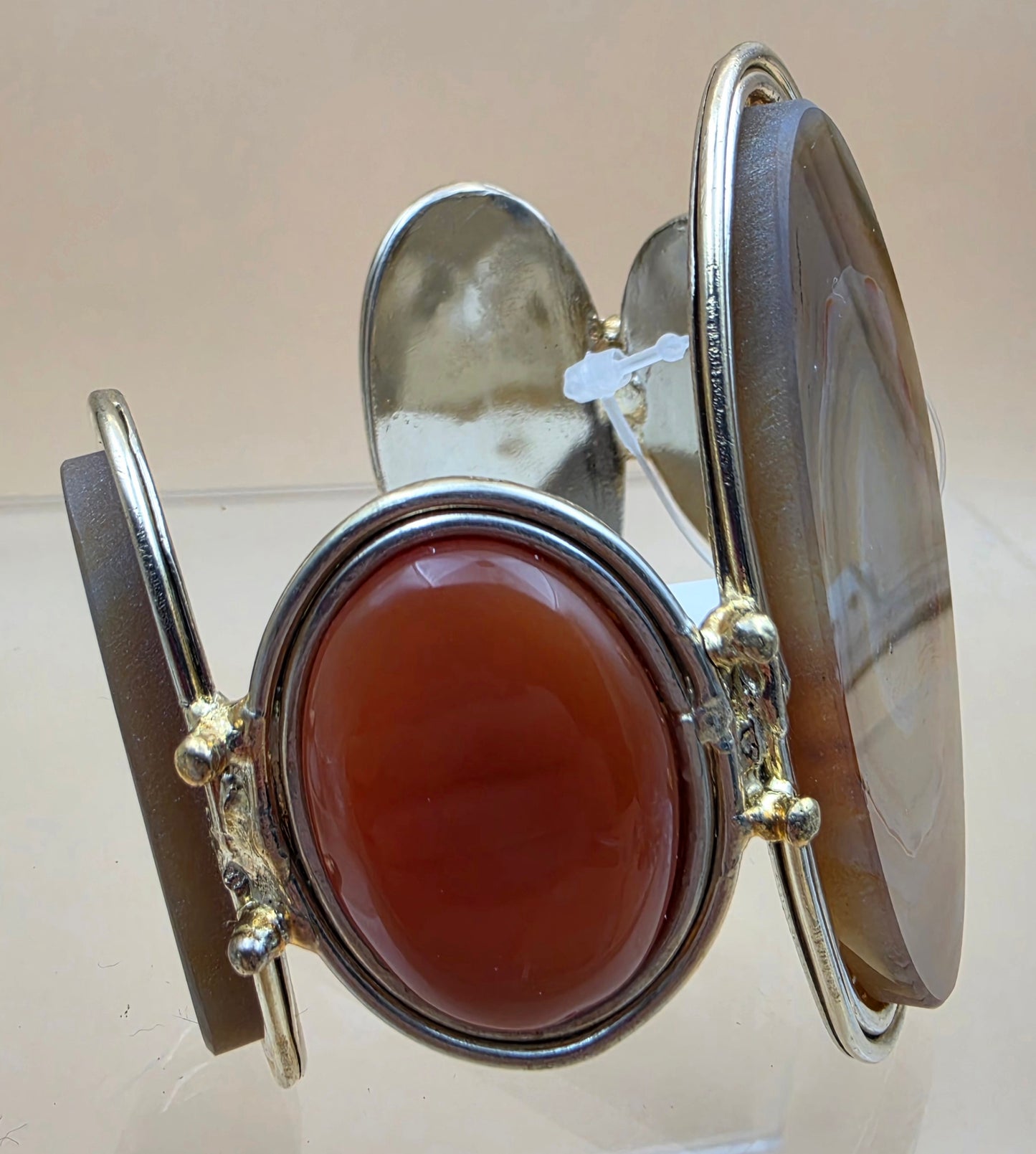 Brown Brazilian Agate/Coral/White Metal 7" Cuff Bracelet