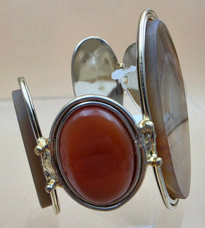 Brown Brazilian Agate/Coral/White Metal 7" Cuff Bracelet