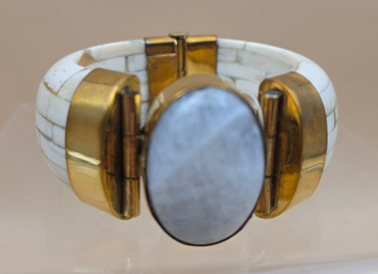 White Water Buffalo Bone/Brass/Quartz Cuff Bracelet