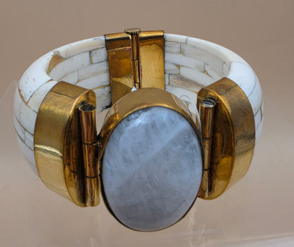 White Water Buffalo Bone/Brass/Quartz Cuff Bracelet