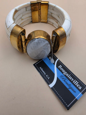 White Water Buffalo Bone/Brass/Quartz Cuff Bracelet