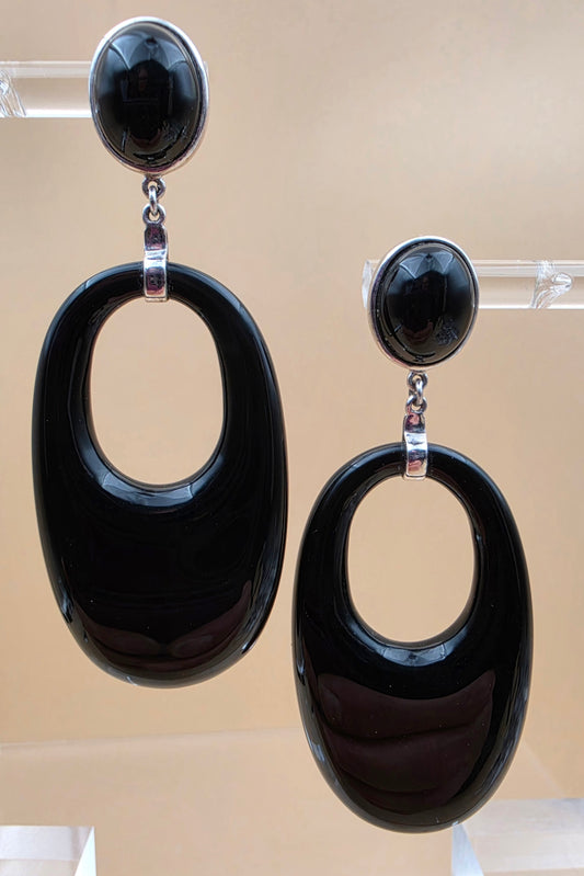 WORLD WIDE IMPORTS Black Onyx/Sterling Silver 2.5" Dangle Hoop Earrings
