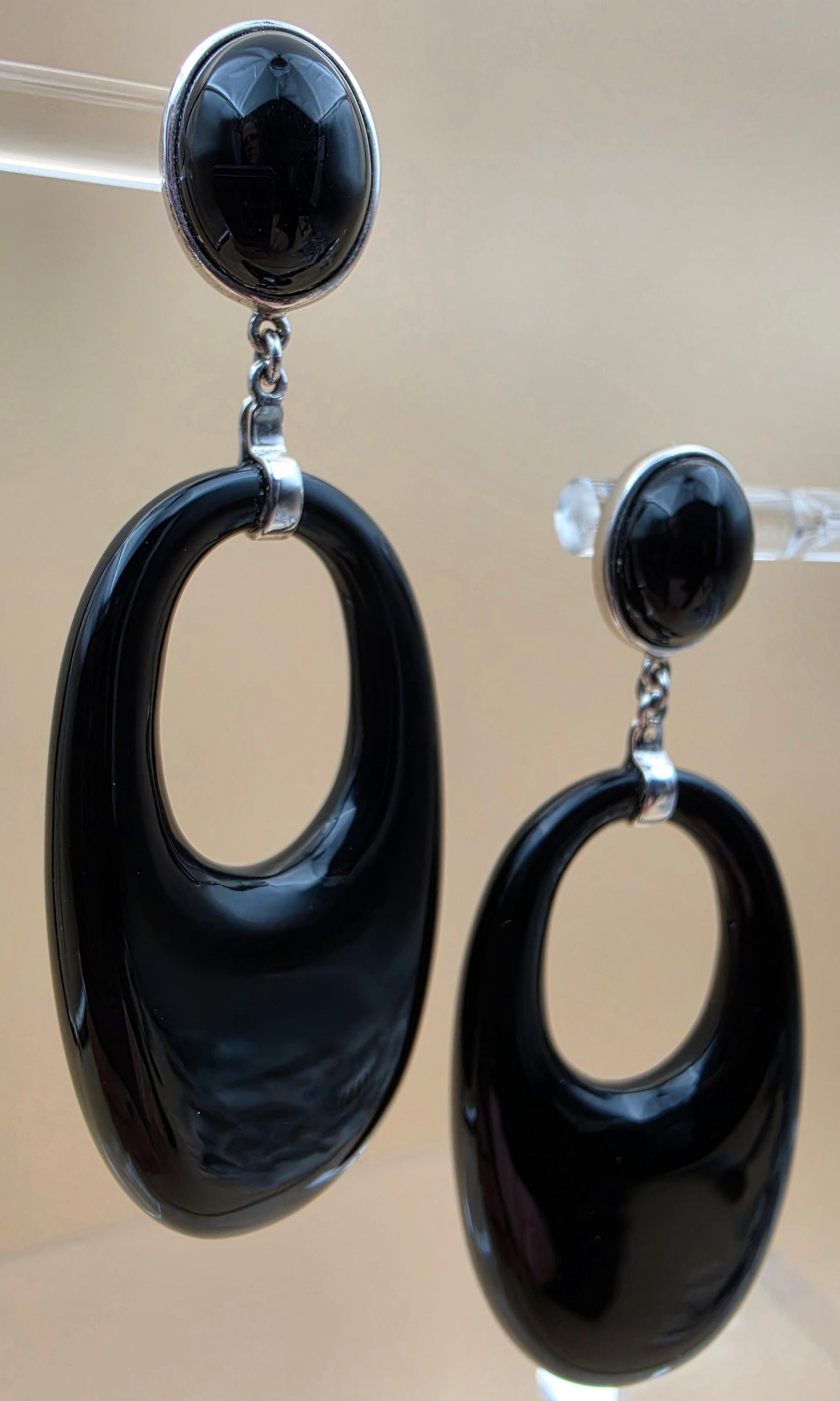 WORLD WIDE IMPORTS Black Onyx/Sterling Silver 2.5" Dangle Hoop Earrings
