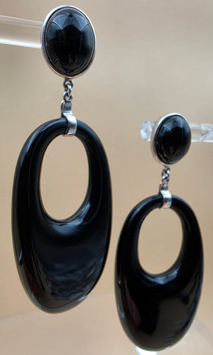 WORLD WIDE IMPORTS Black Onyx/Sterling Silver 2.5" Dangle Hoop Earrings