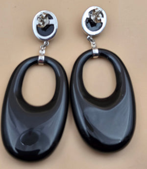 WORLD WIDE IMPORTS Black Onyx/Sterling Silver 2.5" Dangle Hoop Earrings