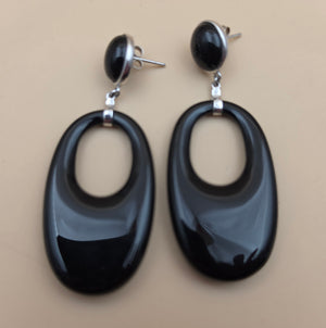 WORLD WIDE IMPORTS Black Onyx/Sterling Silver 2.5" Dangle Hoop Earrings