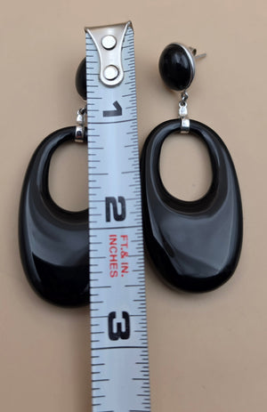 WORLD WIDE IMPORTS Black Onyx/Sterling Silver 2.5" Dangle Hoop Earrings
