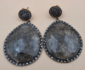 HSN Rutilated Quartz/Clear Crystal Pavè/Gold Plated Sterling Silver Dangle Earrings