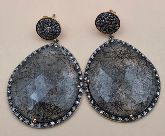 HSN Rutilated Quartz/Clear Crystal Pavè/Gold Plated Sterling Silver Dangle Earrings