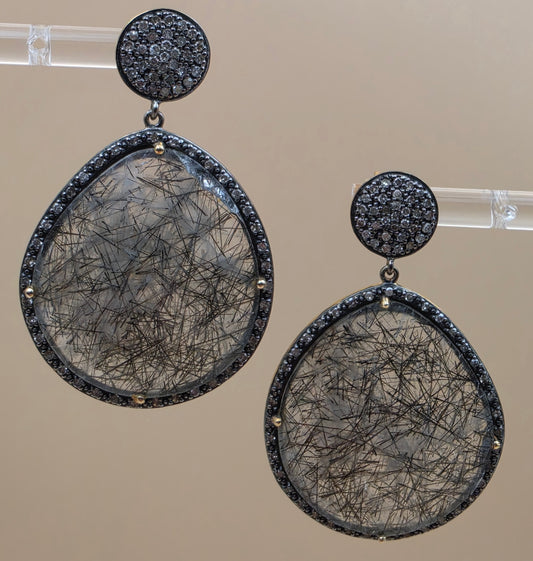 HSN Rutilated Quartz/Clear Crystal Pavè/Gold Plated Sterling Silver Dangle Earrings
