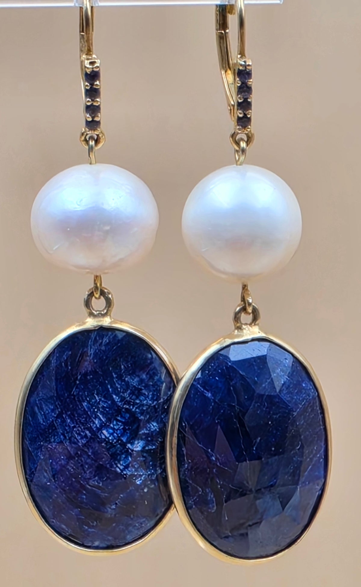 Faceted Blue Sapphire/Cultured Pearl/Sterling Silver 2.25" Dangle Earrings