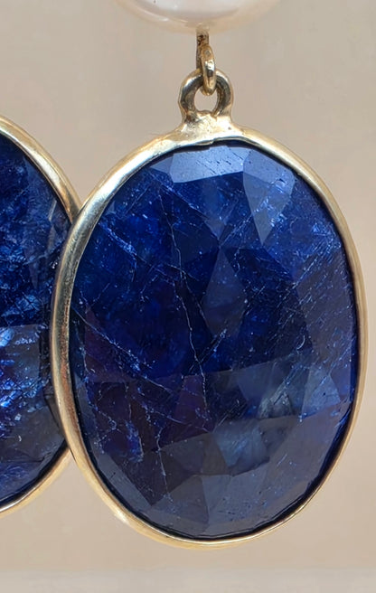 Faceted Blue Sapphire/Cultured Pearl/Sterling Silver 2.25" Dangle Earrings