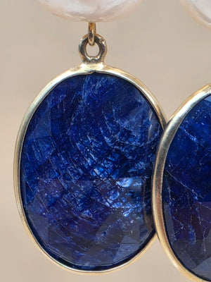 Faceted Blue Sapphire/Cultured Pearl/Sterling Silver 2.25" Dangle Earrings