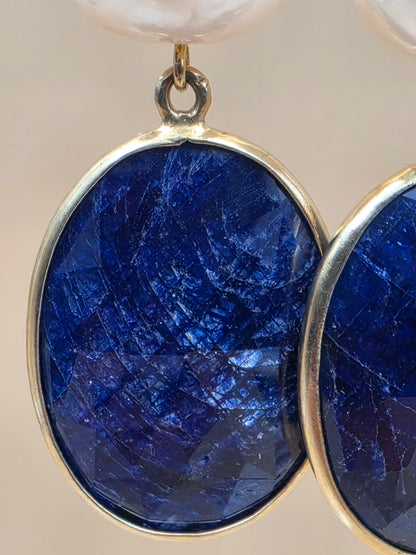 Faceted Blue Sapphire/Cultured Pearl/Sterling Silver 2.25" Dangle Earrings
