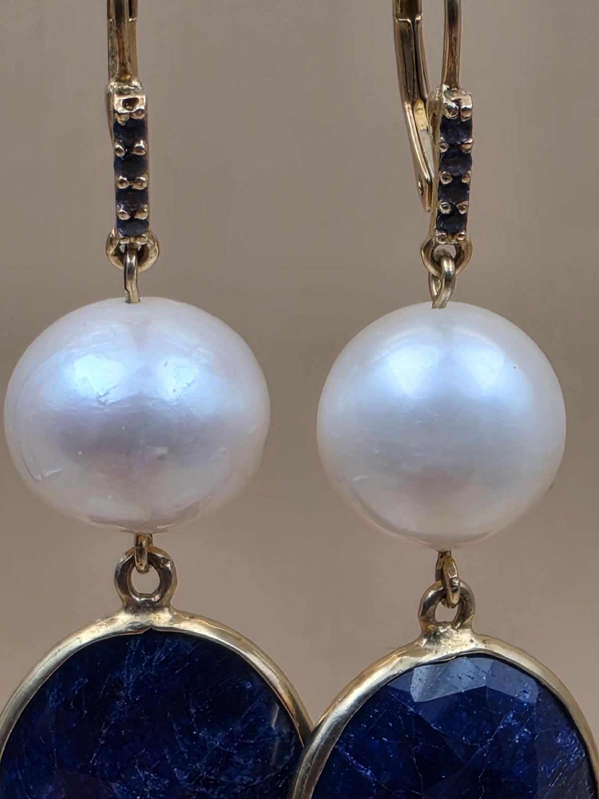 Faceted Blue Sapphire/Cultured Pearl/Sterling Silver 2.25" Dangle Earrings
