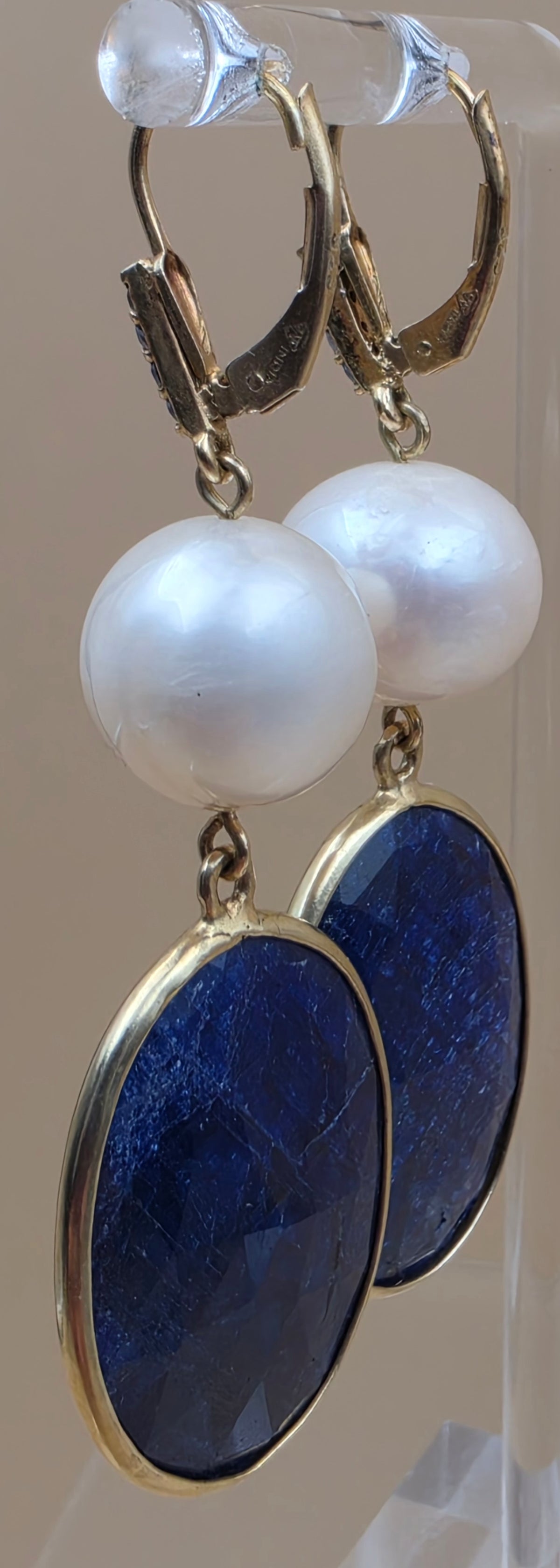 Faceted Blue Sapphire/Cultured Pearl/Sterling Silver 2.25" Dangle Earrings