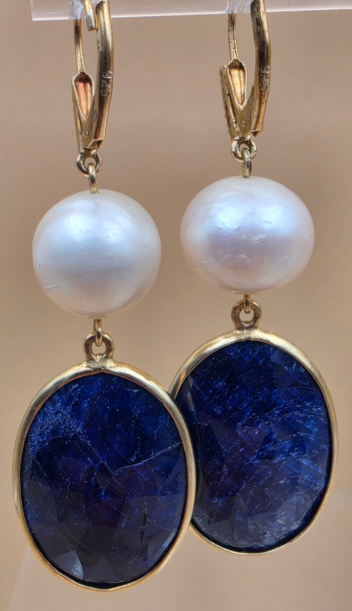 Faceted Blue Sapphire/Cultured Pearl/Sterling Silver 2.25" Dangle Earrings