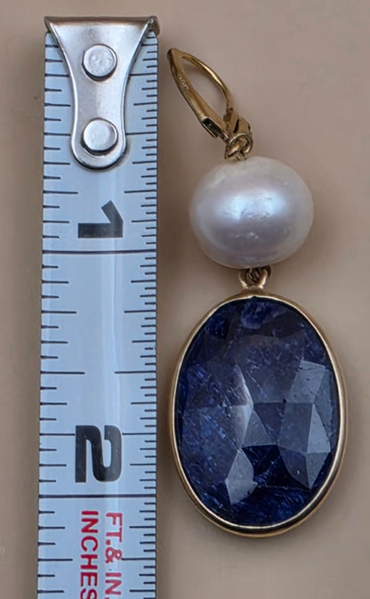Faceted Blue Sapphire/Cultured Pearl/Sterling Silver 2.25" Dangle Earrings