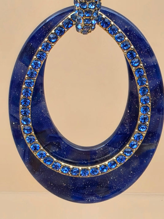 HEIDI DAUS Blue Swarovski Crystal/Gold Tone/Swirl Acrylic 3" Dangle Hoop Earrings