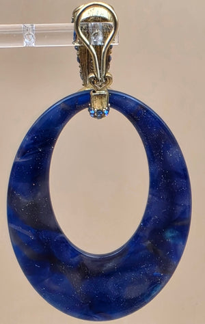 HEIDI DAUS Blue Swarovski Crystal/Gold Tone/Swirl Acrylic 3" Dangle Hoop Earrings