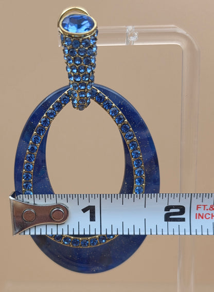HEIDI DAUS Blue Swarovski Crystal/Gold Tone/Swirl Acrylic 3" Dangle Hoop Earrings