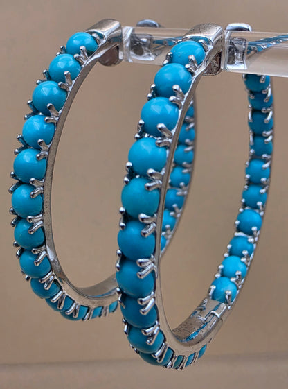Sleeping Beauty Turquoise/Sterling Silver Inside Out 1.75" Hoop Earrings