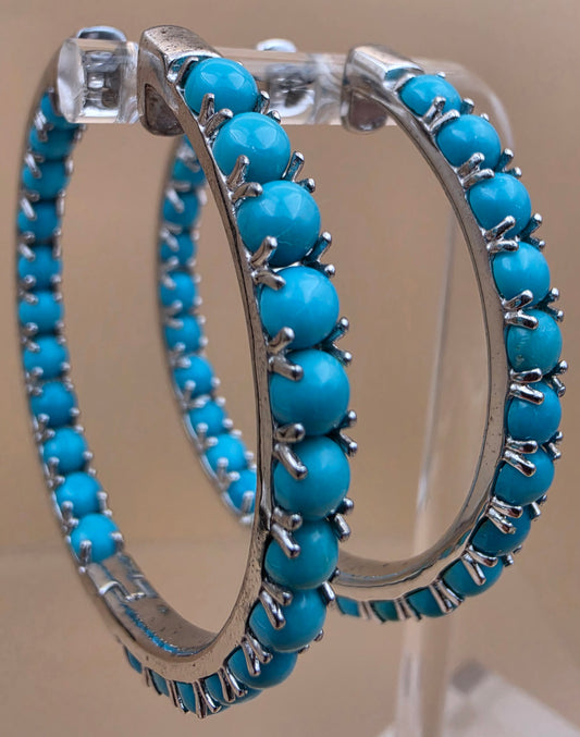 Sleeping Beauty Turquoise/Sterling Silver Inside Out 1.75" Hoop Earrings
