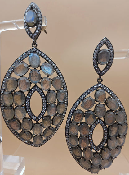 Rutile Moonstone/White Zircon/Blackened Sterling Silver 3.5" Dangle Earrings