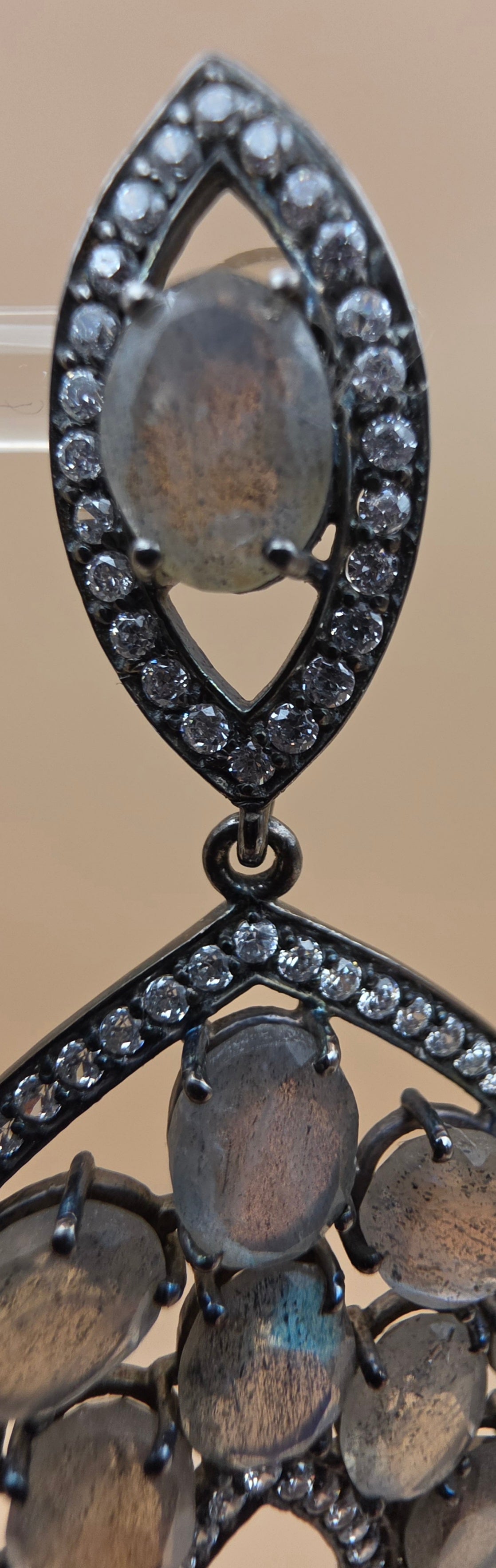 Rutile Moonstone/White Zircon/Blackened Sterling Silver 3.5" Dangle Earrings