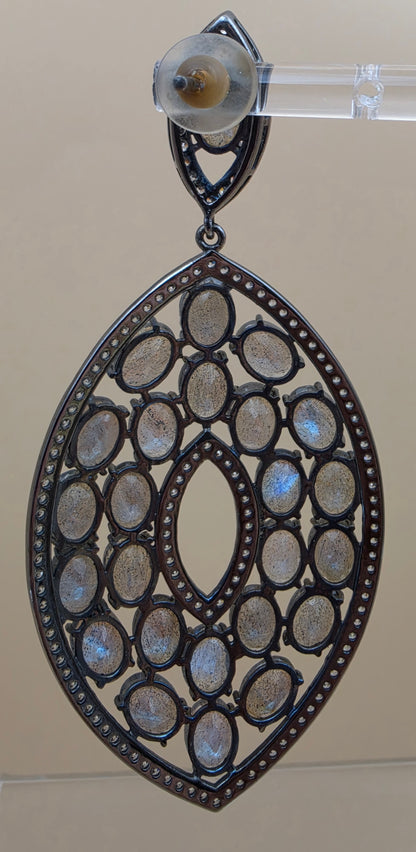 Rutile Moonstone/White Zircon/Blackened Sterling Silver 3.5" Dangle Earrings