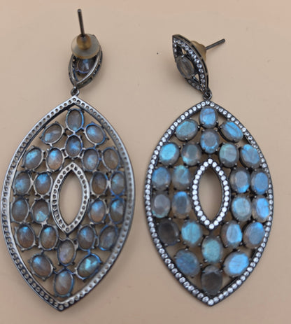 Rutile Moonstone/White Zircon/Blackened Sterling Silver 3.5" Dangle Earrings