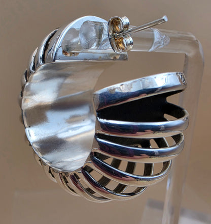 Silver Plated Shrimp/Ribbed Half Hoop 1.5" Earrings