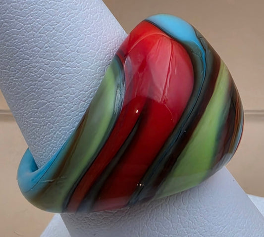 MURANO Style Red/Blue/Green/Yellow/Orange Art Glass Ring Size 7.75