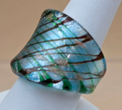 MURANO Style Silver Flake/Blue/Green/Orange Art Glass Ring Size 8.75