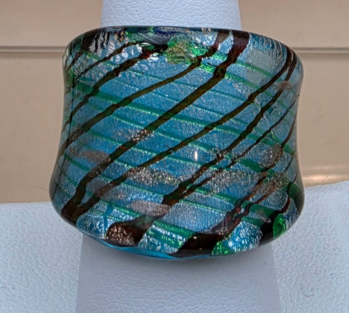 MURANO Style Silver Flake/Blue/Green/Orange Art Glass Ring Size 8.75