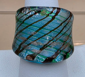 MURANO Style Silver Flake/Blue/Green/Orange Art Glass Ring Size 8.75