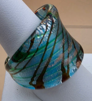 MURANO Style Silver Flake/Blue/Green/Orange Art Glass Ring Size 8.75