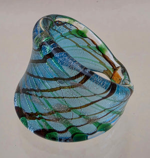 MURANO Style Silver Flake/Blue/Green/Orange Art Glass Ring Size 8.75